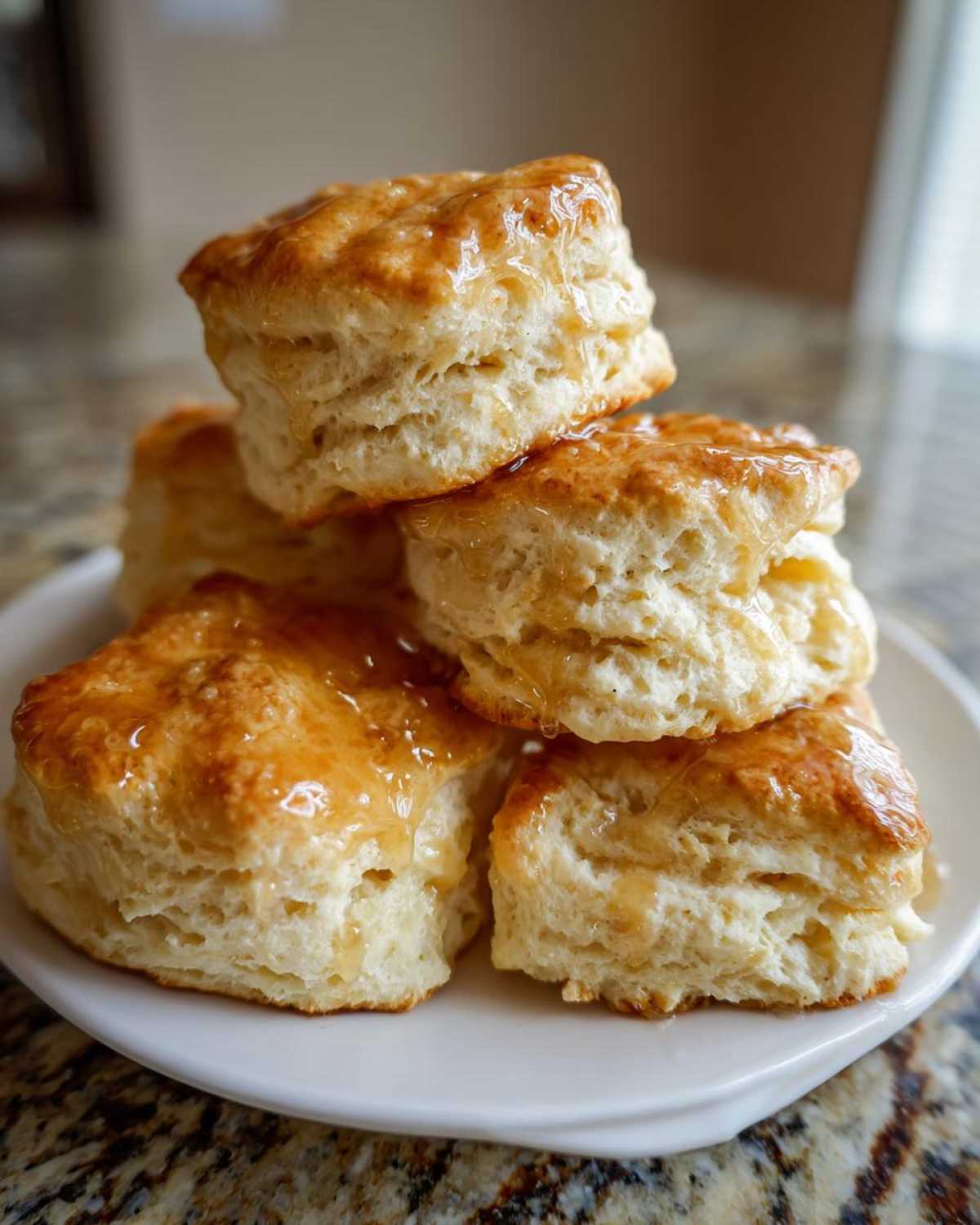 A stack of five fluffy, golden-brown sweet potato biscuits drizzled generously with honey on a white plate.