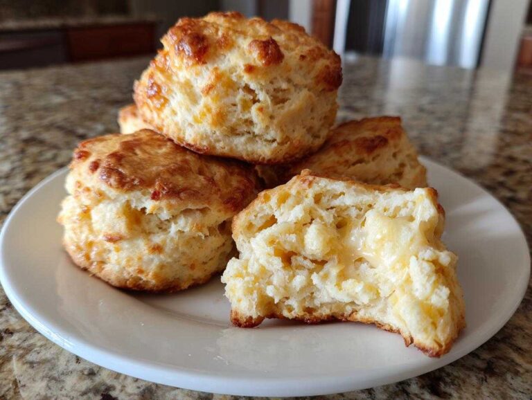 A stack of golden brown sweet potato biscuits, one split open showing melted butter inside.