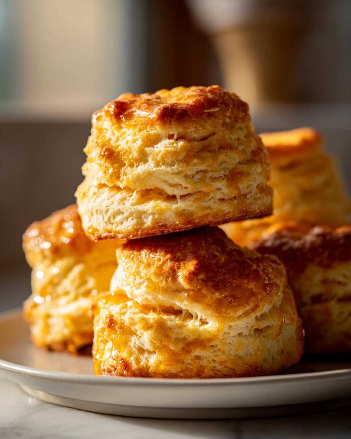 Close-up of stacked, golden-brown, flaky sweet potato biscuits glistening with a glaze.
