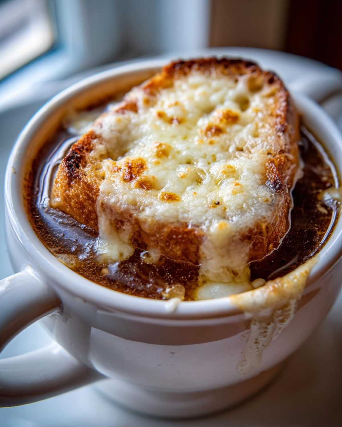 Close-up of a bowl of rich french onion soup topped with a toasted crouton and bubbling, melted Gruyère cheese.
