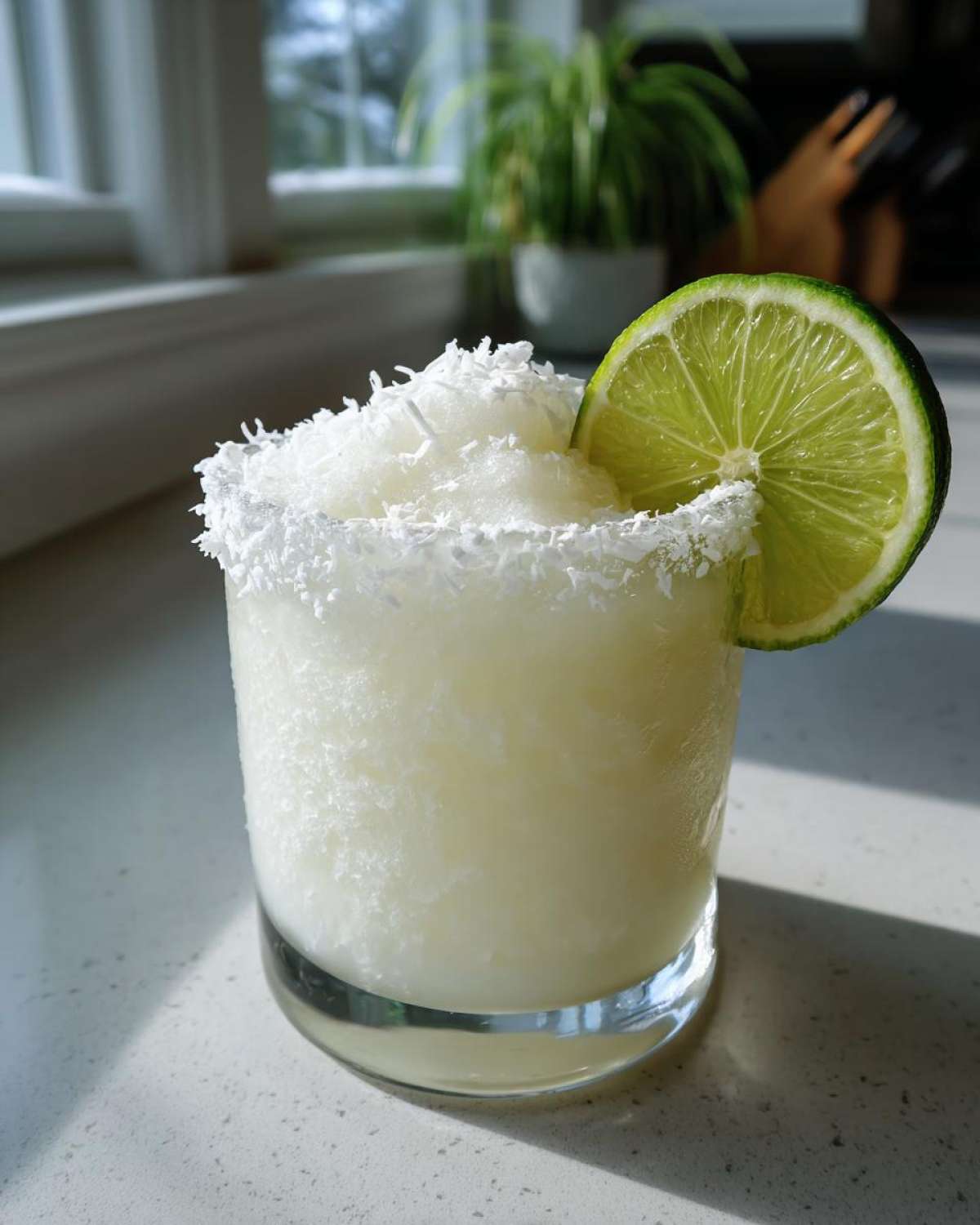 A frozen white christmas margarita in a glass, garnished with shredded coconut rim and a lime wheel.