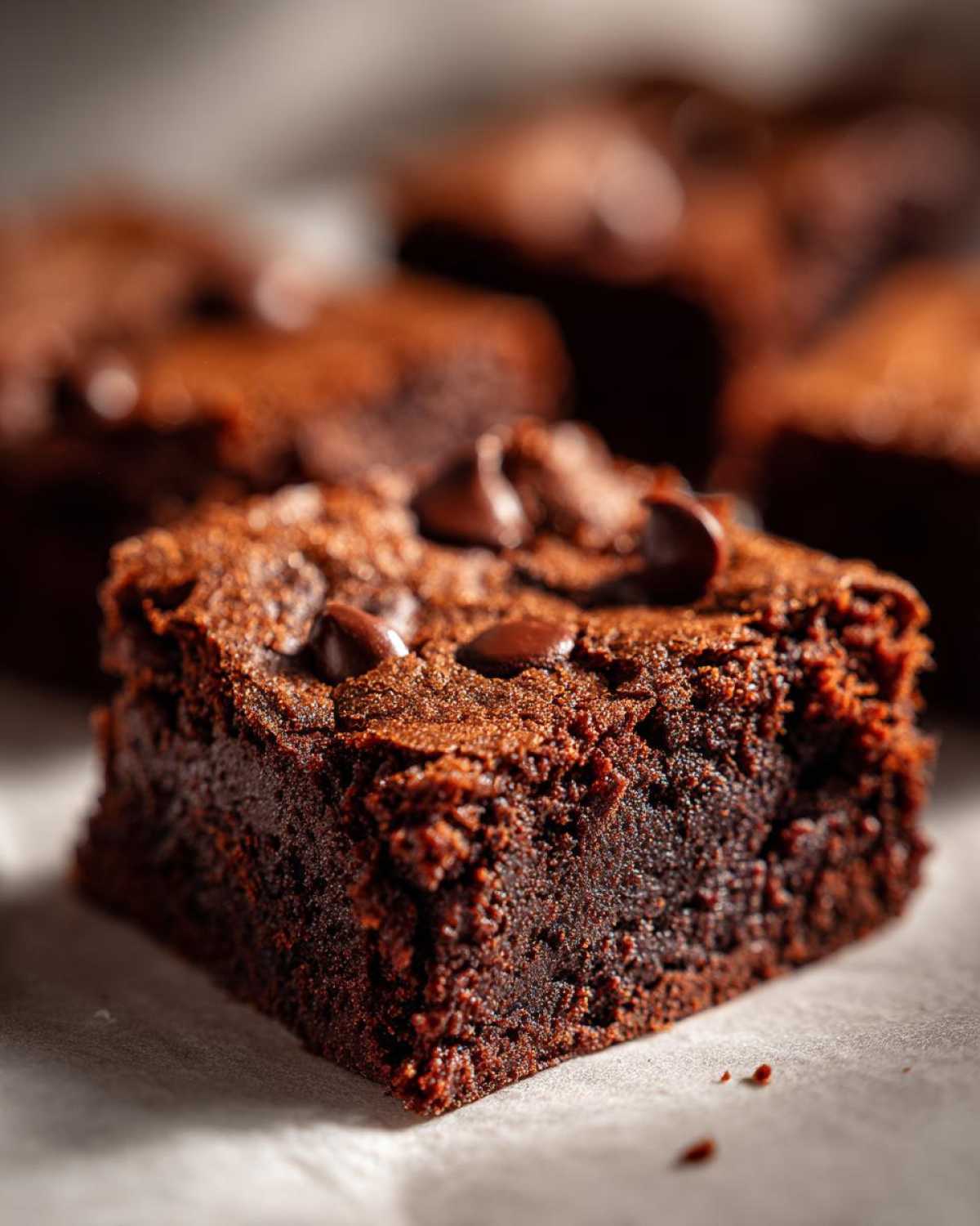 A close-up, fudgy square of gingerbread brownies topped with melted chocolate chips, sitting on parchment paper.