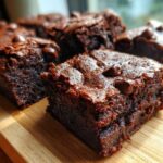 Close-up of fudgy gingerbread brownies topped with melted chocolate chips on a wooden board.