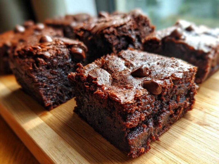 Close-up of fudgy gingerbread brownies topped with melted chocolate chips on a wooden board.