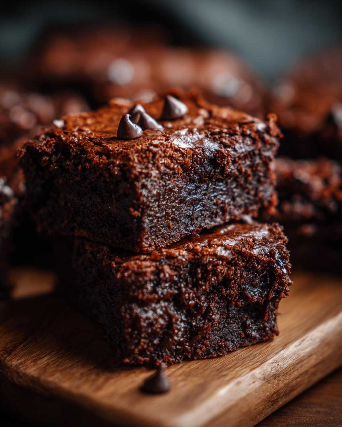 Two stacked, fudgy gingerbread brownies topped with chocolate chips on a wooden board.