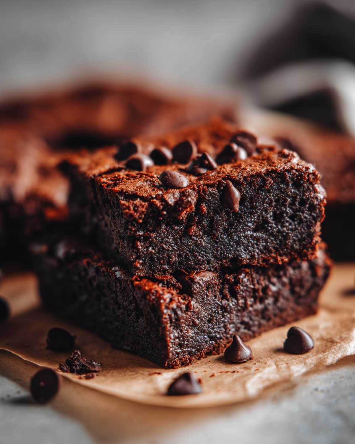 Two fudgy gingerbread brownies stacked on parchment paper, topped with chocolate chips.