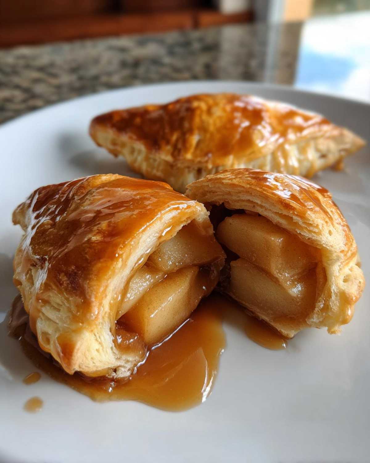 A delicious apple dumpling cut in half showing spiced apple slices and caramel sauce.