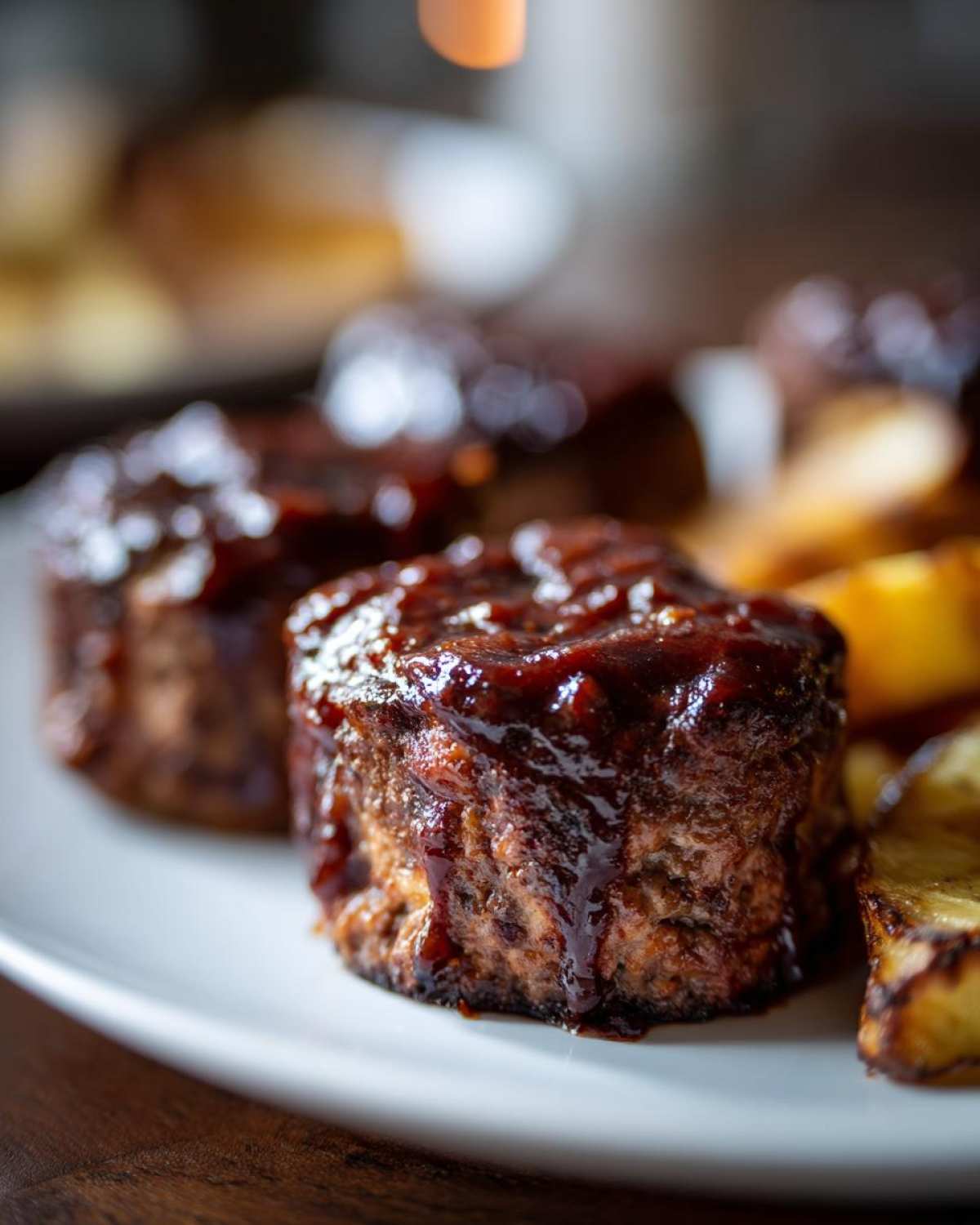 Close-up of a perfectly baked mini meatloaf topped with a thick, glossy barbecue glaze, served on a white plate.