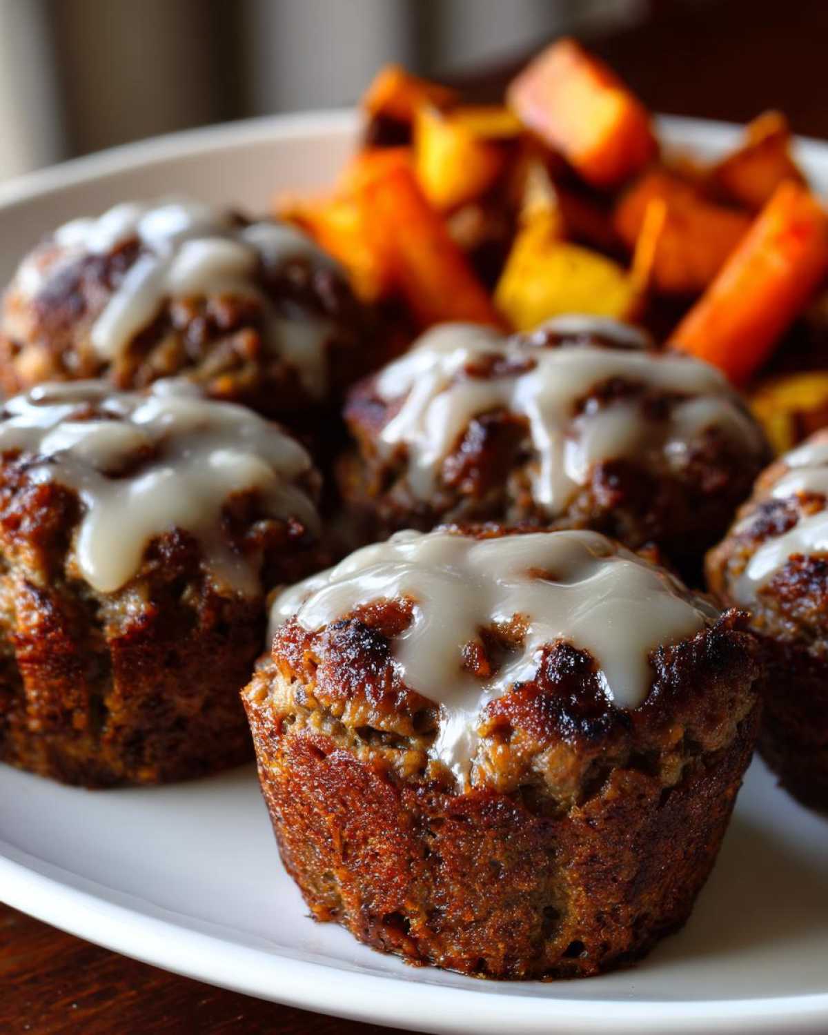 Close-up of several glazed mini meatloaf muffins served with roasted sweet potatoes on a white plate.
