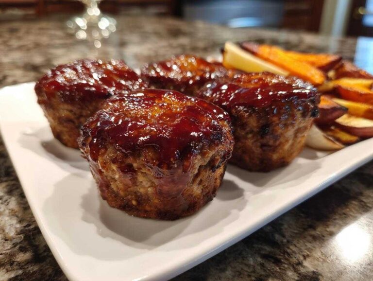 Four individual mini meatloaf portions topped with a thick, shiny glaze, served alongside roasted root vegetables.