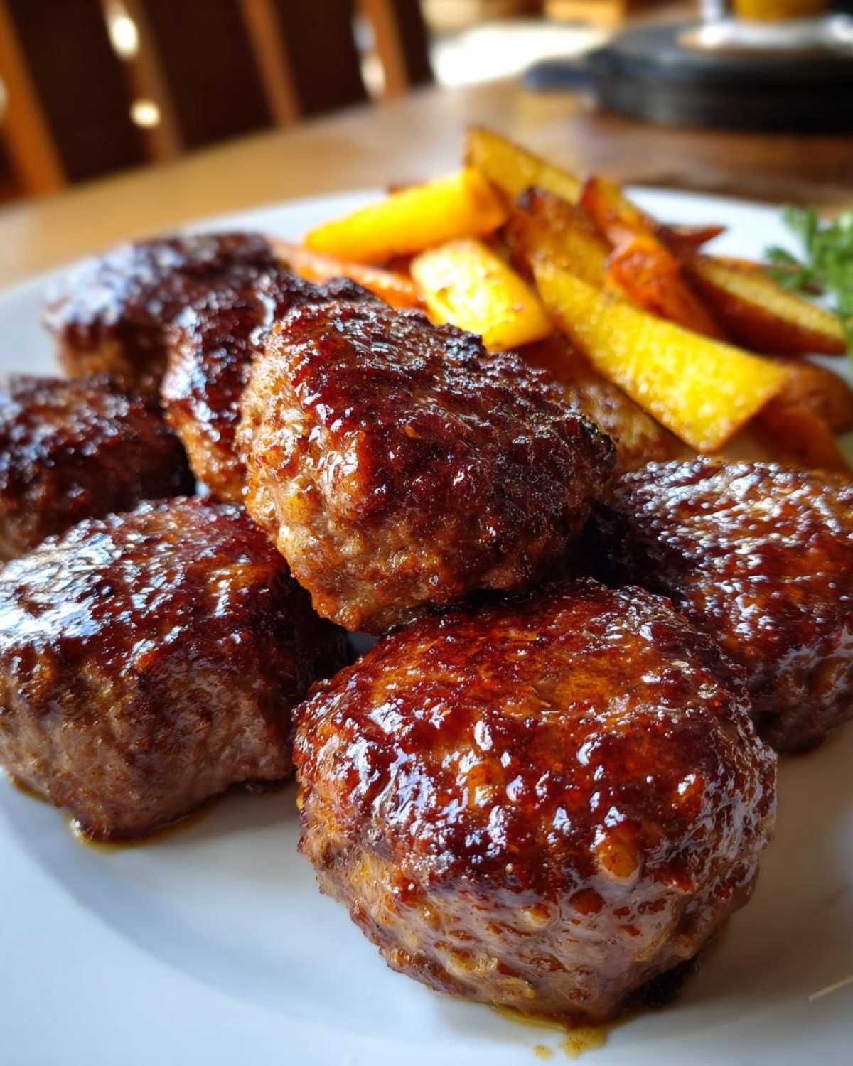 Close-up of several glazed mini meatloaf portions piled on a white plate next to roasted carrots.