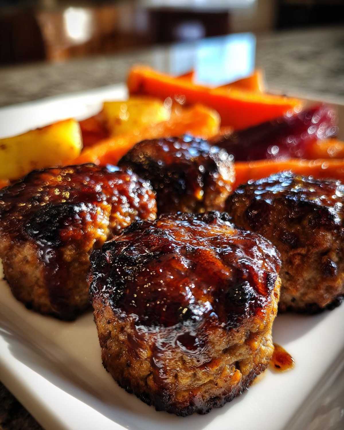 Close-up of four shiny, glazed mini meatloaf portions served with roasted carrots.