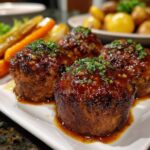 Four individual, glazed mini meatloaf portions topped with fresh parsley, served on a white plate.