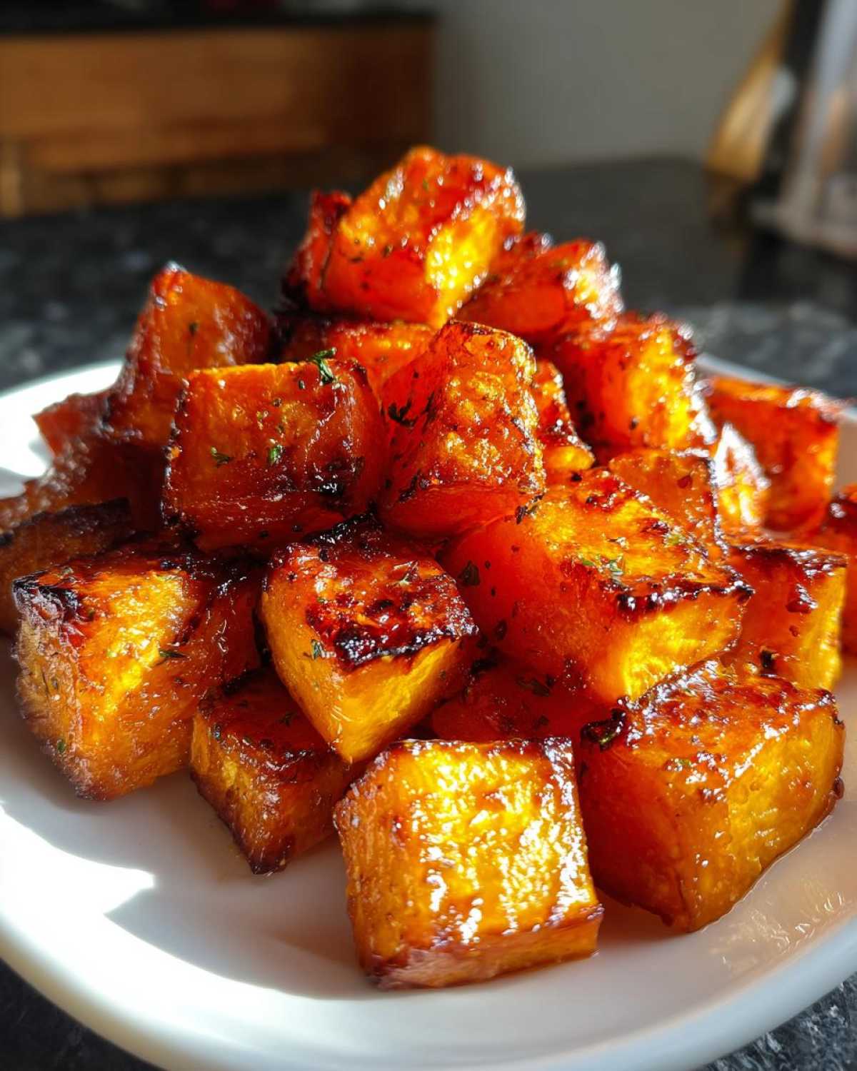 A mound of caramelized, glazed roasted sweet potatoes cubes sprinkled with herbs on a white plate.