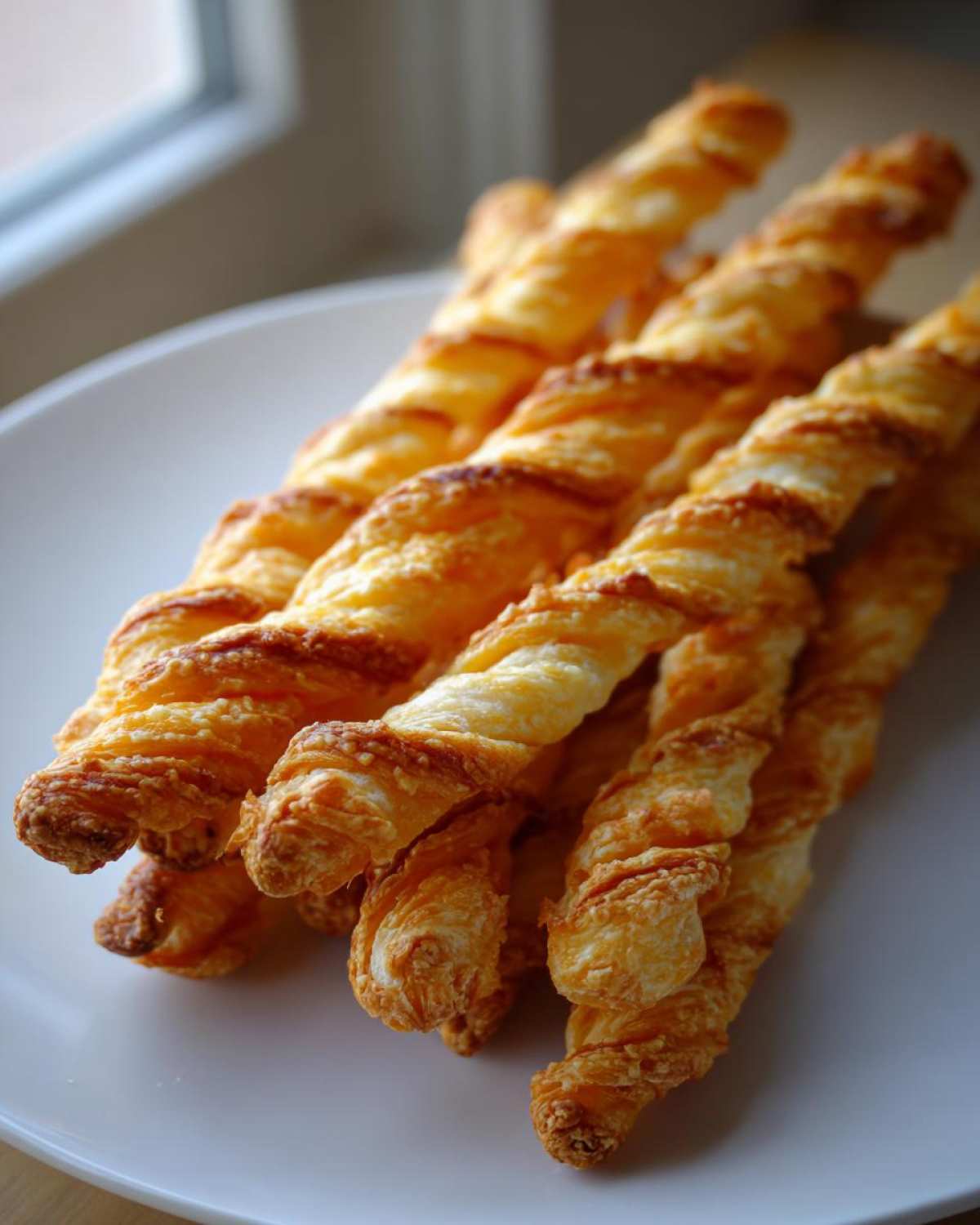 A close-up of several golden brown, flaky, twisted cheese straws recipe items stacked on a white plate.