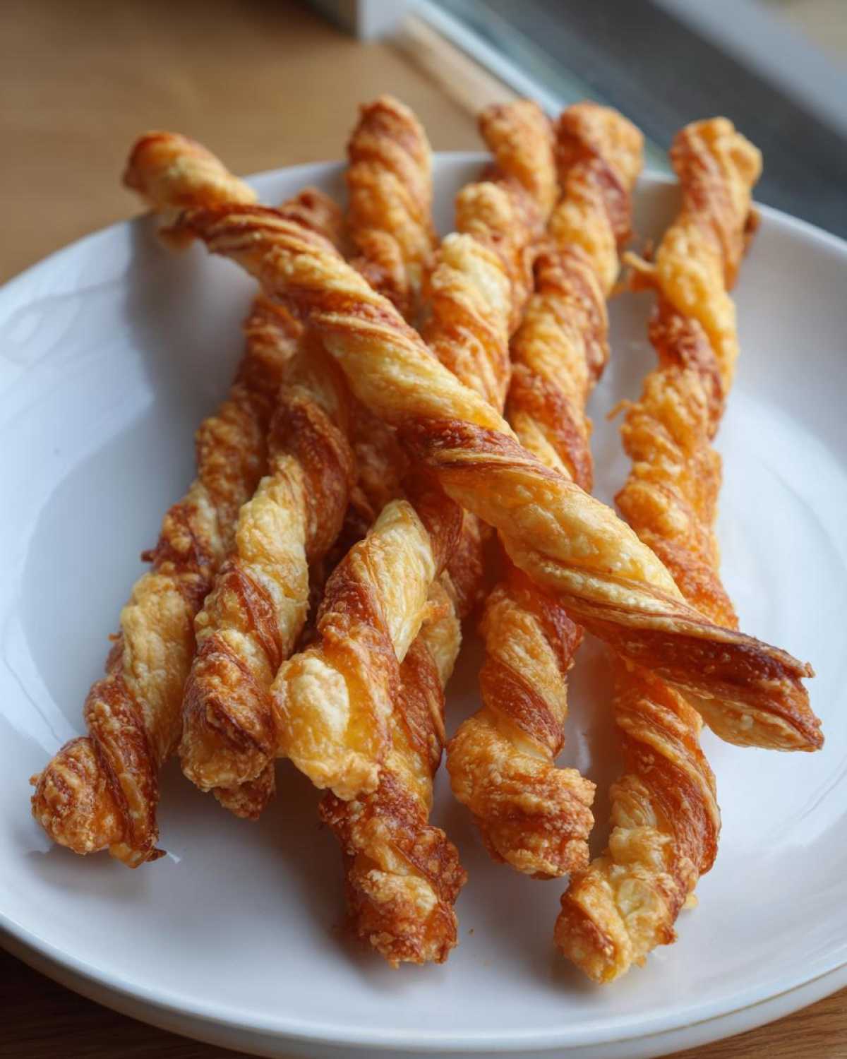 A pile of freshly baked, golden brown, flaky cheese straws recipe twists served on a white plate.