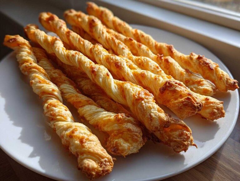 Close-up of several golden brown, twisted cheese straws recipe baked on a white plate near a window.