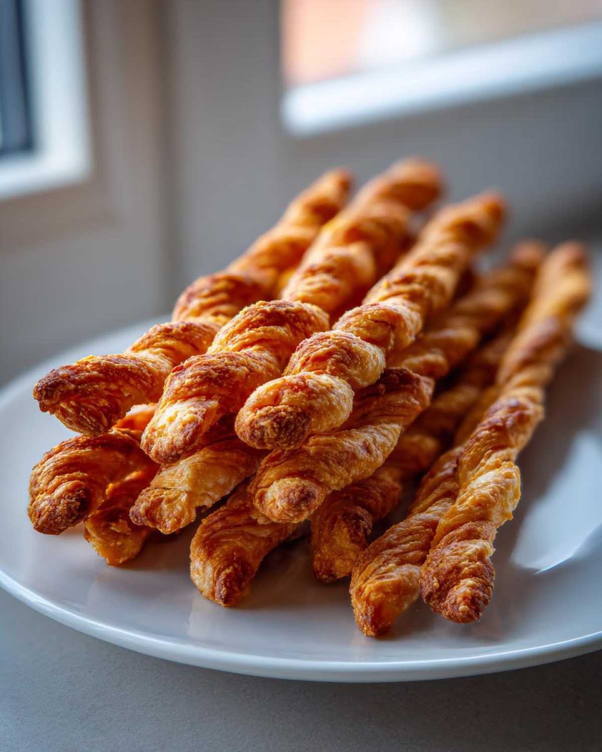 A pile of freshly baked, golden brown, twisted cheese straws recipe resting on a white plate.
