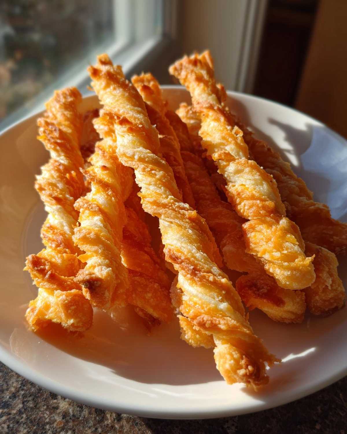 A pile of golden, flaky, twisted cheese straws recipe baked to perfection, served on a white plate.