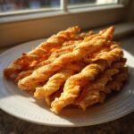 A pile of freshly baked, golden brown cheese straws recipe twists sitting on a white plate near a window.