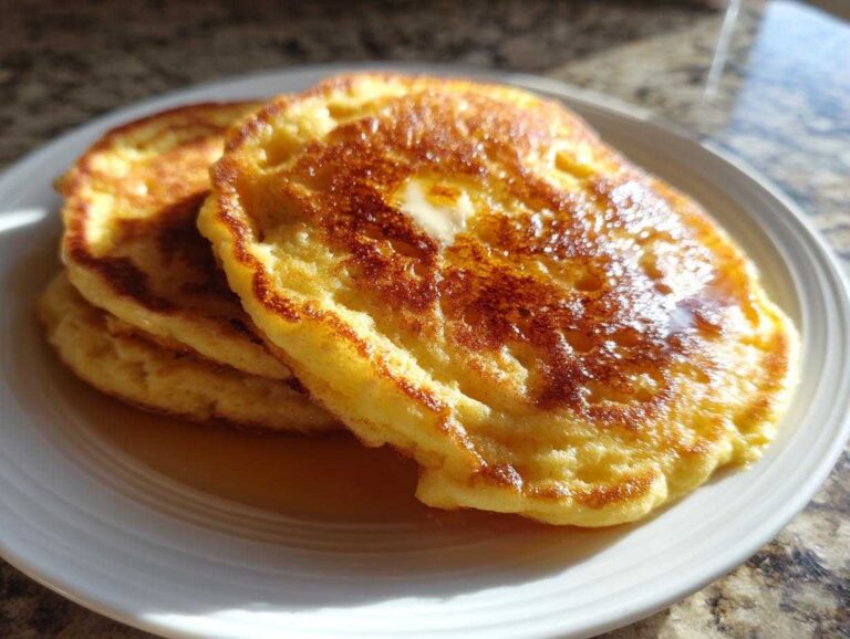A stack of three golden brown coconut flour pancakes drizzled with syrup and topped with melting butter.