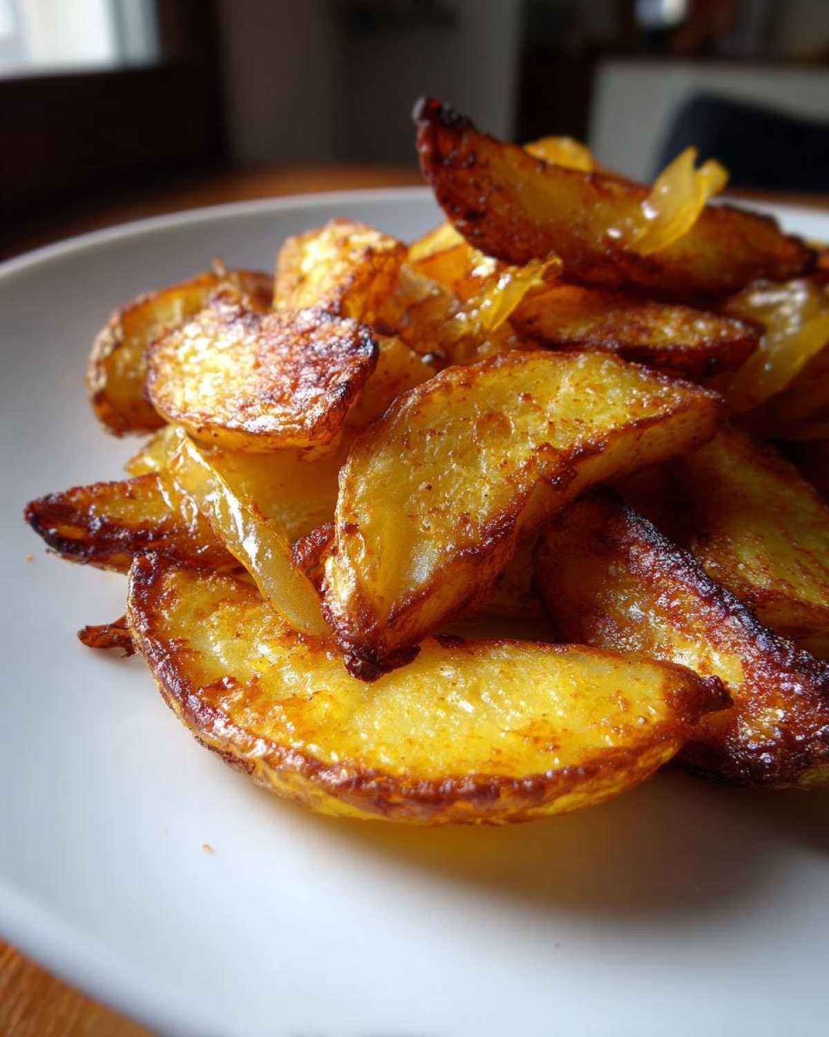 Close-up of perfectly golden brown fried potatoes wedges mixed with caramelized onions on a white plate.