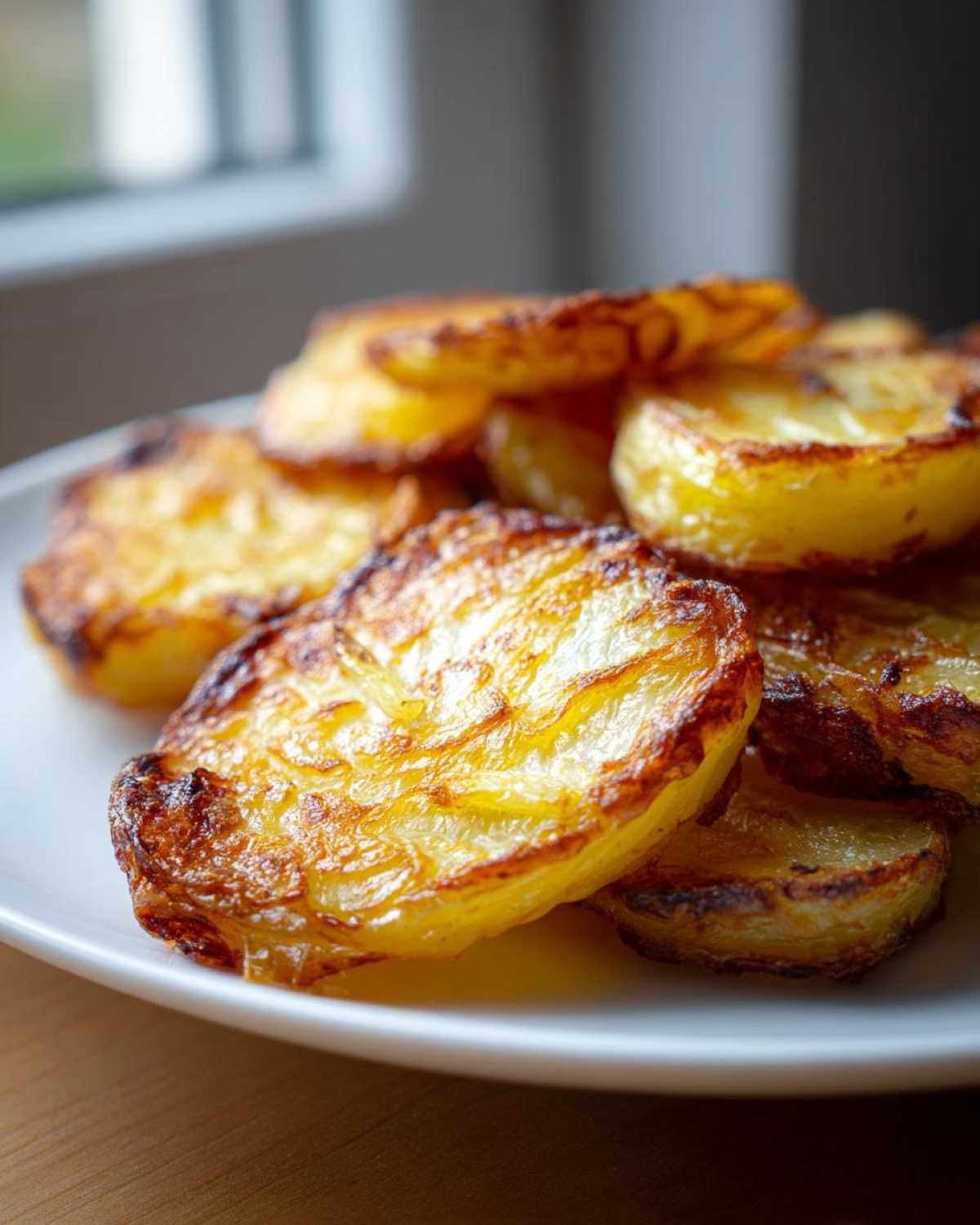 Close-up of golden, crispy fried potatoes slices piled on a white plate, showing beautiful browning.