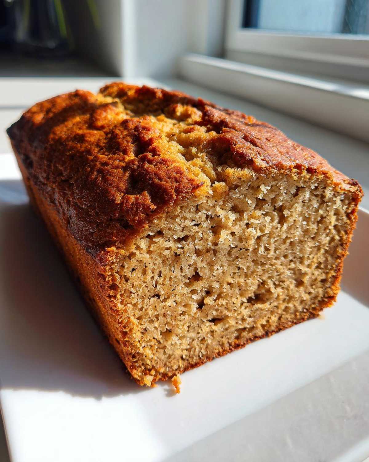 A freshly baked loaf of greek yogurt banana bread, showing a moist crumb and golden-brown crust.