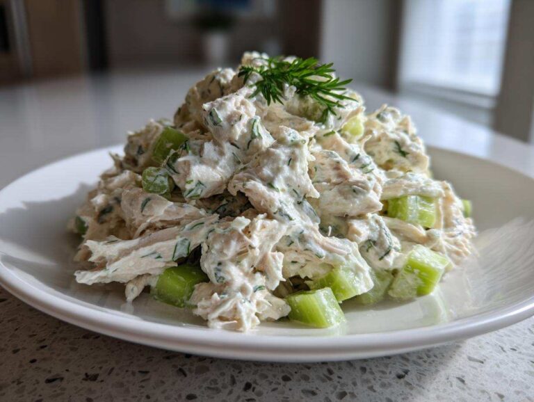 A mound of creamy greek yogurt chicken salad mixed with celery chunks and topped with fresh dill.