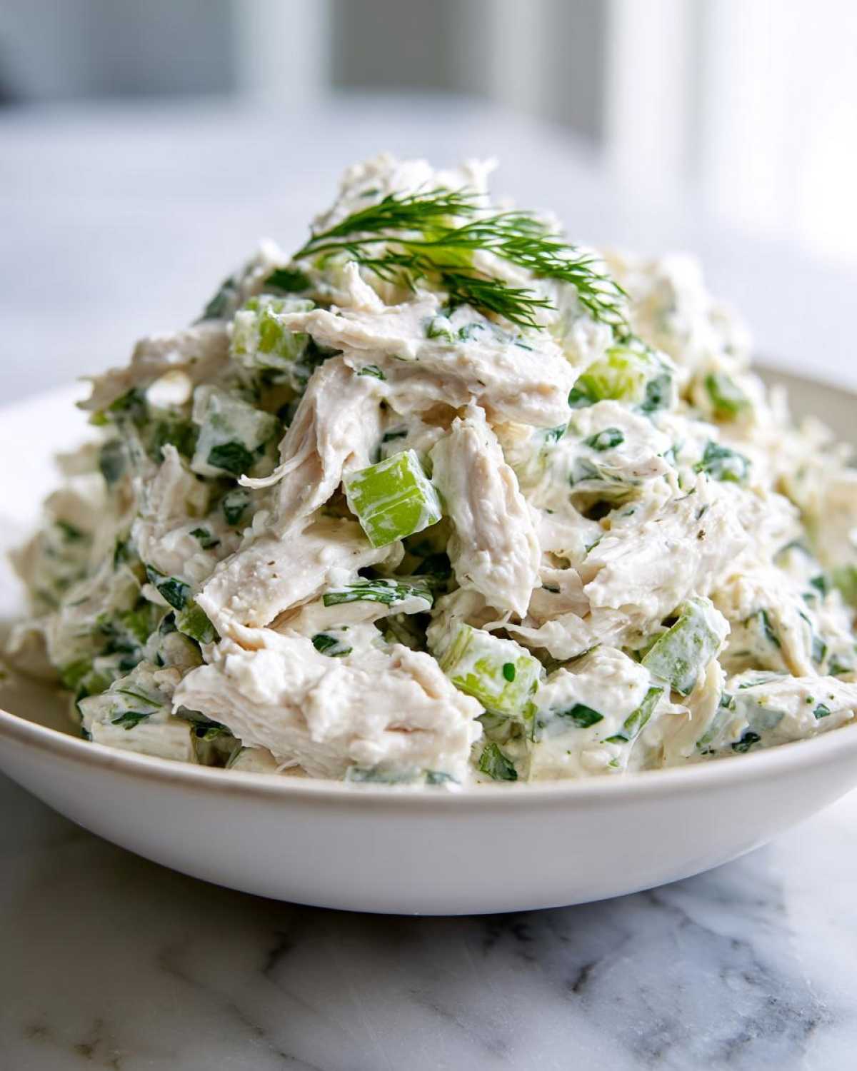 Close-up of creamy greek yogurt chicken salad with chunks of celery, topped with fresh dill.