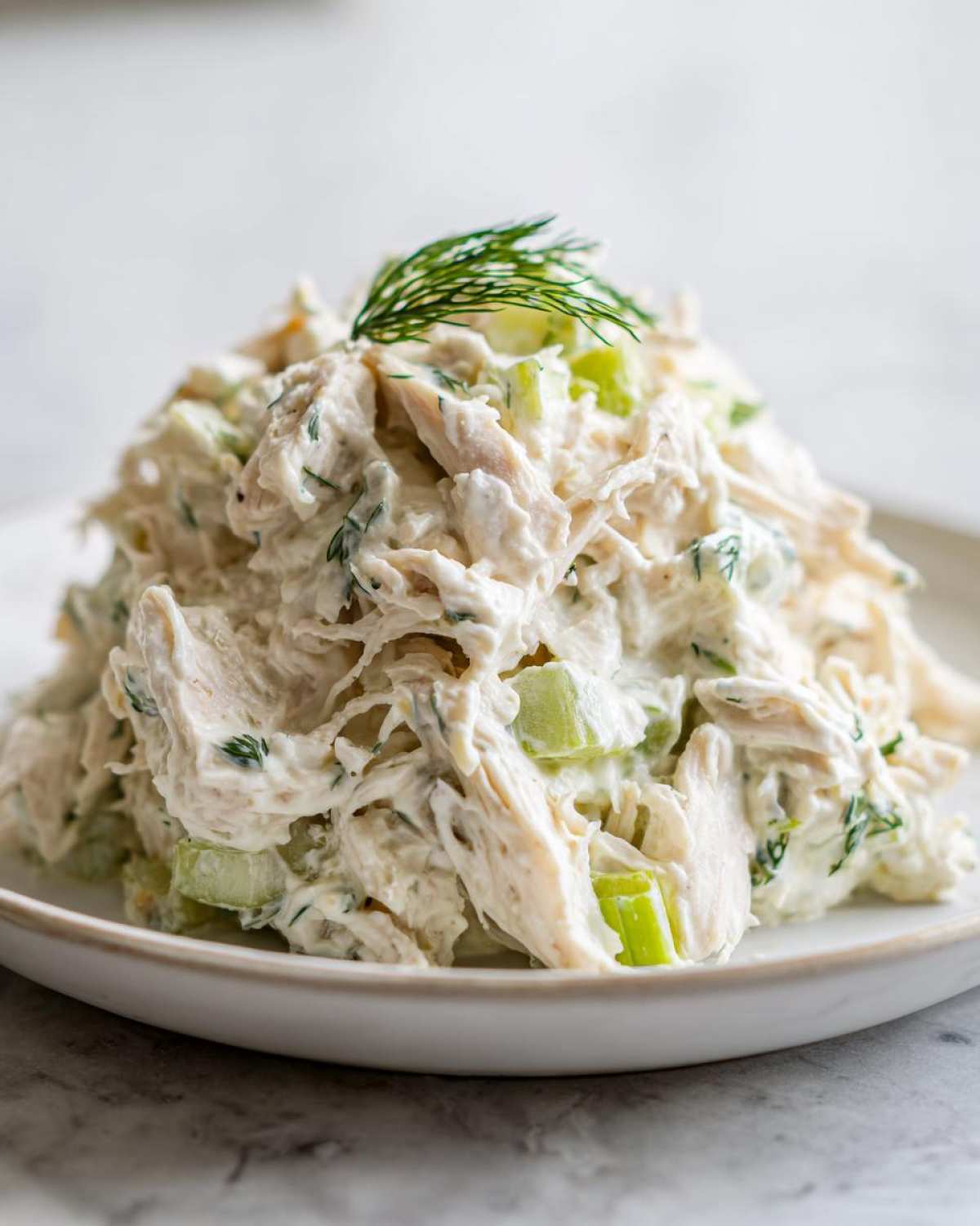 A mound of creamy greek yogurt chicken salad mixed with celery and topped with fresh dill on a white plate.
