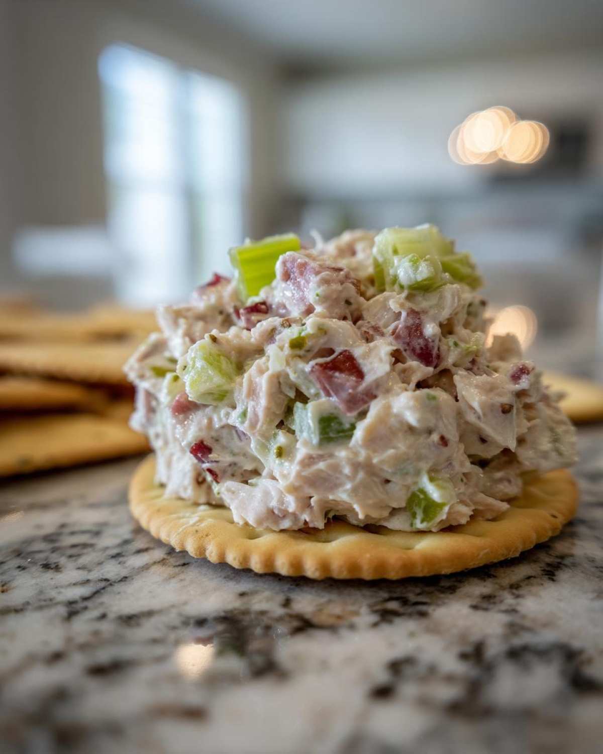 A scoop of creamy ham salad recipe with celery and ham chunks served on a round cracker.