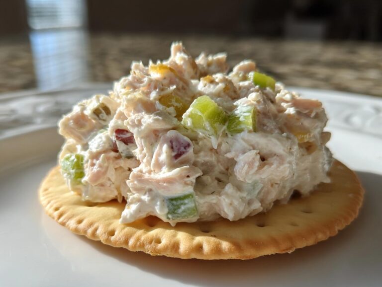 Close-up of a scoop of creamy ham salad recipe with celery pieces served on a round butter cracker.