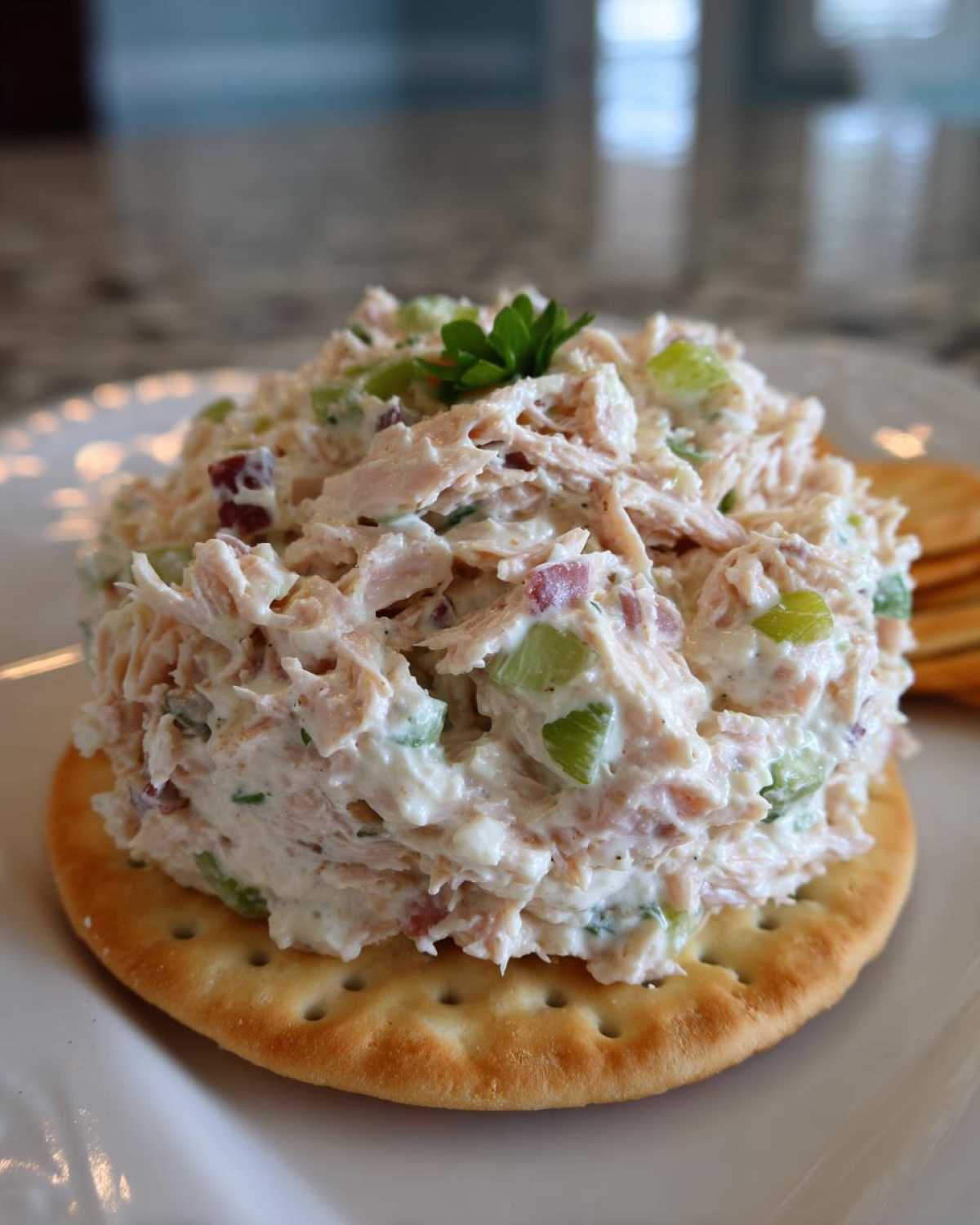 A scoop of creamy ham salad recipe with celery and bacon bits served on a round cracker.