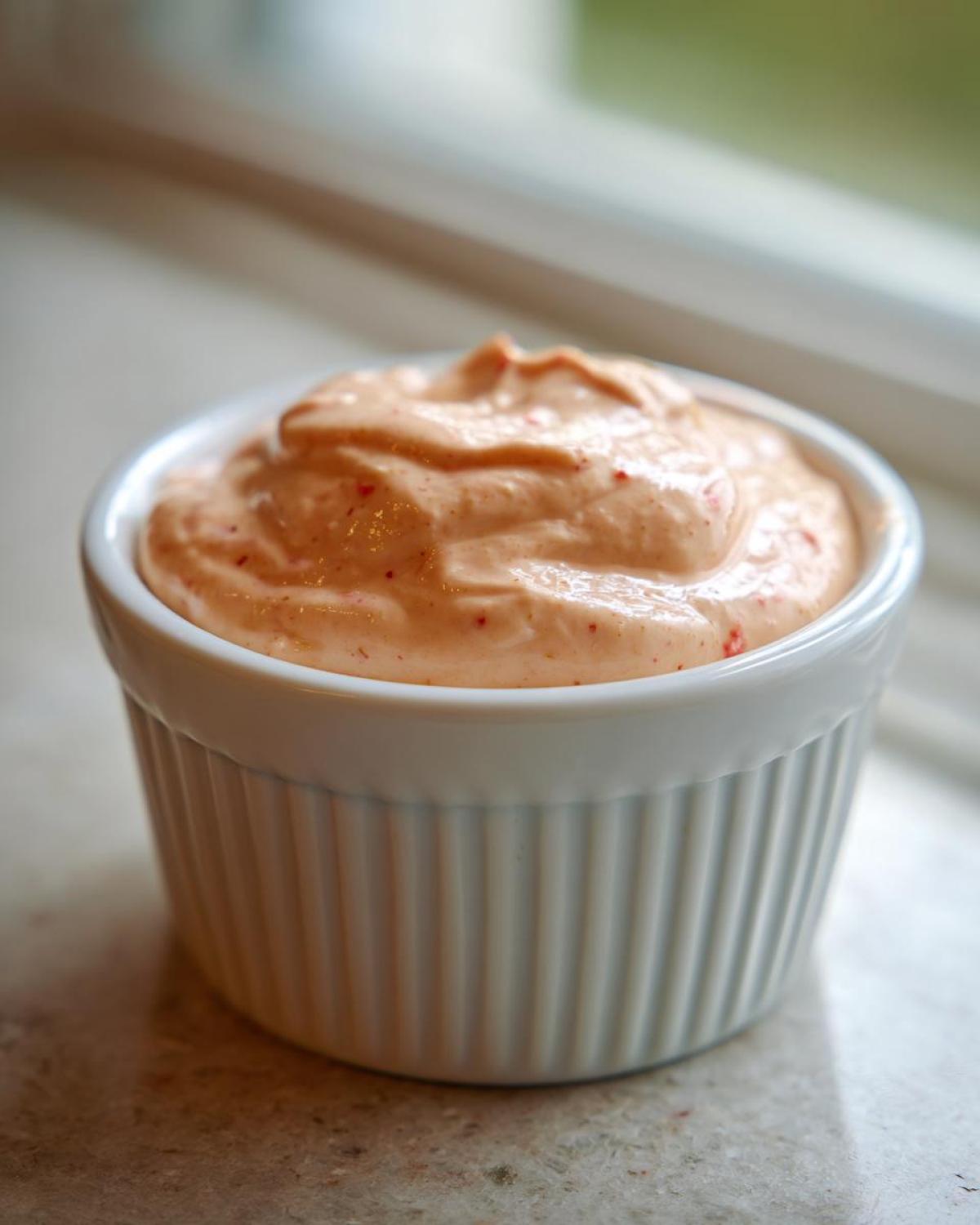 Close-up of creamy, orange-pink homemade big mac sauce topped with red relish flecks in a white ramekin.