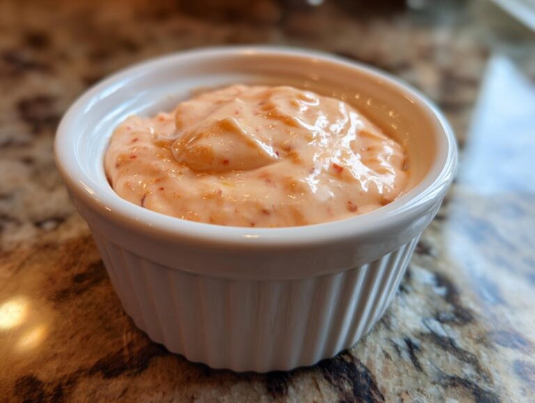 Close-up of creamy, orange-pink homemade big mac sauce served in a small white fluted ramekin.