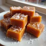 Close-up of rich, chewy homemade caramel squares topped generously with flaky sea salt.
