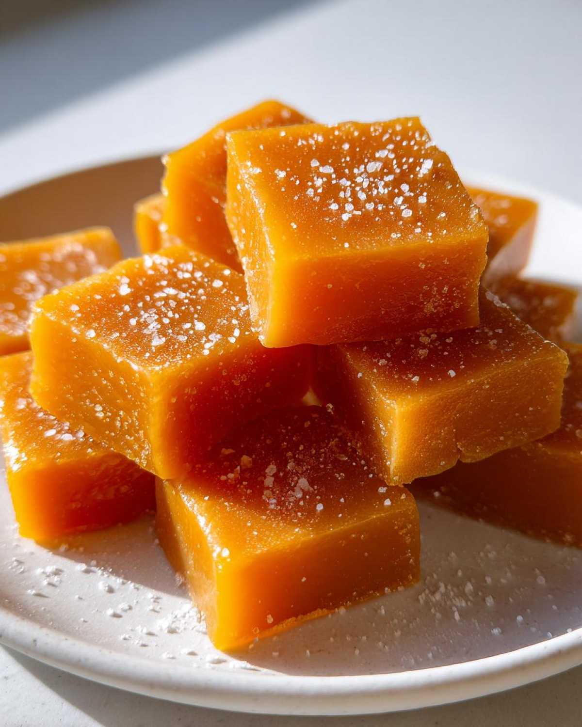 Close-up of rich, orange homemade caramel squares stacked on a white plate, sprinkled with flaky sea salt.