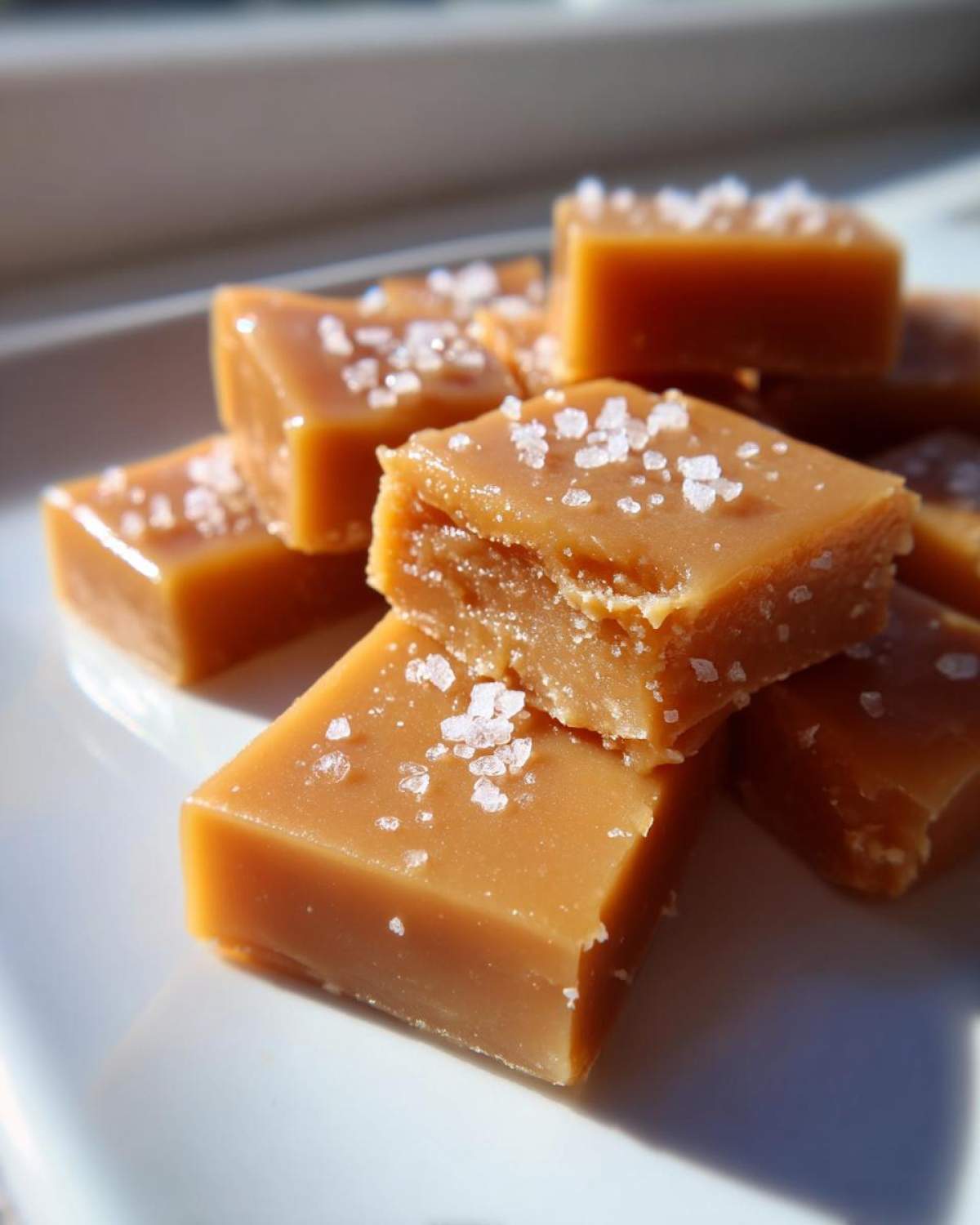 A stack of rich, chewy homemade caramel squares topped with flaky sea salt, beautifully lit by sunlight.