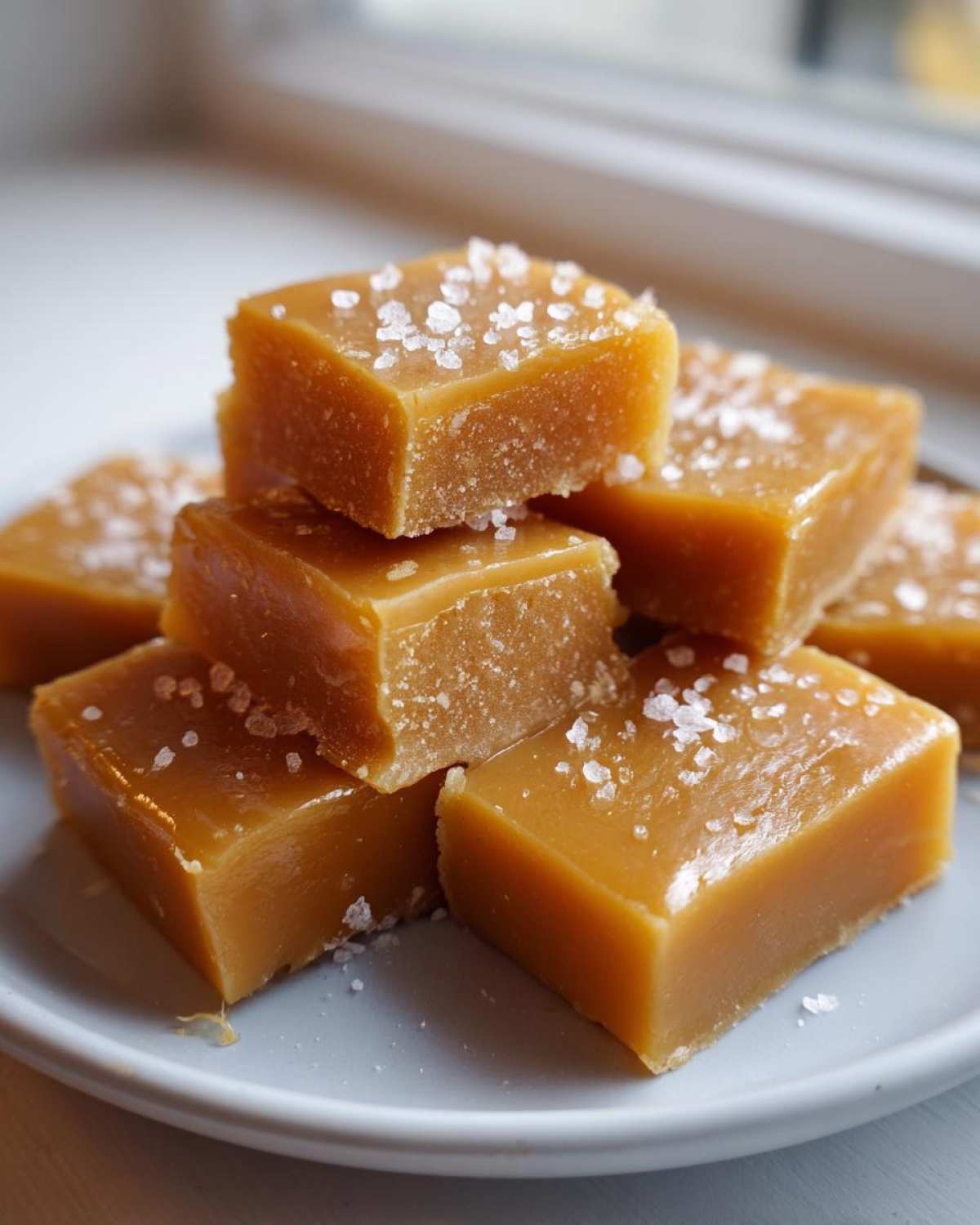 A stack of chewy homemade caramel squares topped with flaky sea salt on a light blue plate.