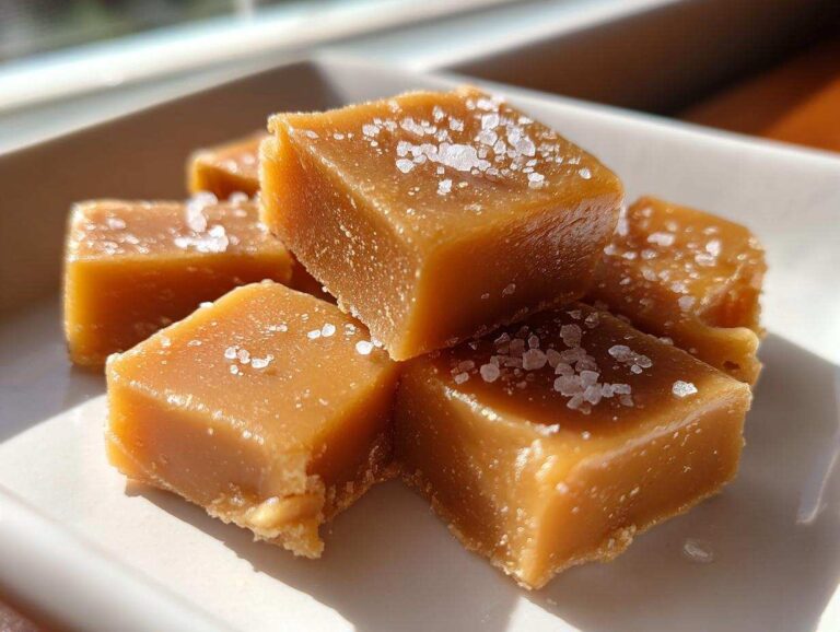 Close-up of chewy homemade caramel squares sprinkled with flaky sea salt on a white plate.