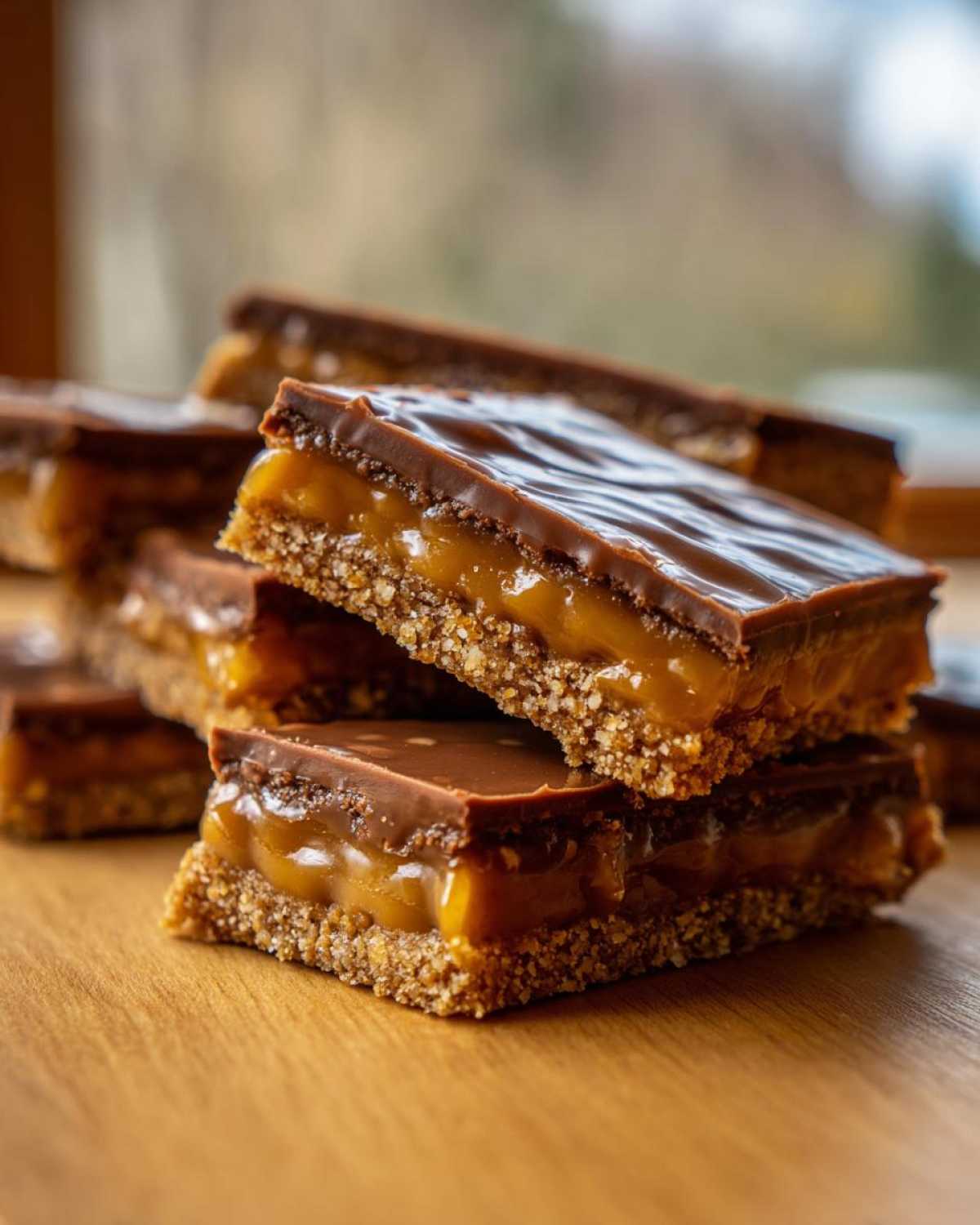 Close-up of stacked homemade twix cookies bars featuring a shortbread base, thick caramel, and chocolate topping.
