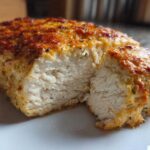 Close-up of juicy baked ranch chicken, showing the moist white interior and golden, herbed crust.