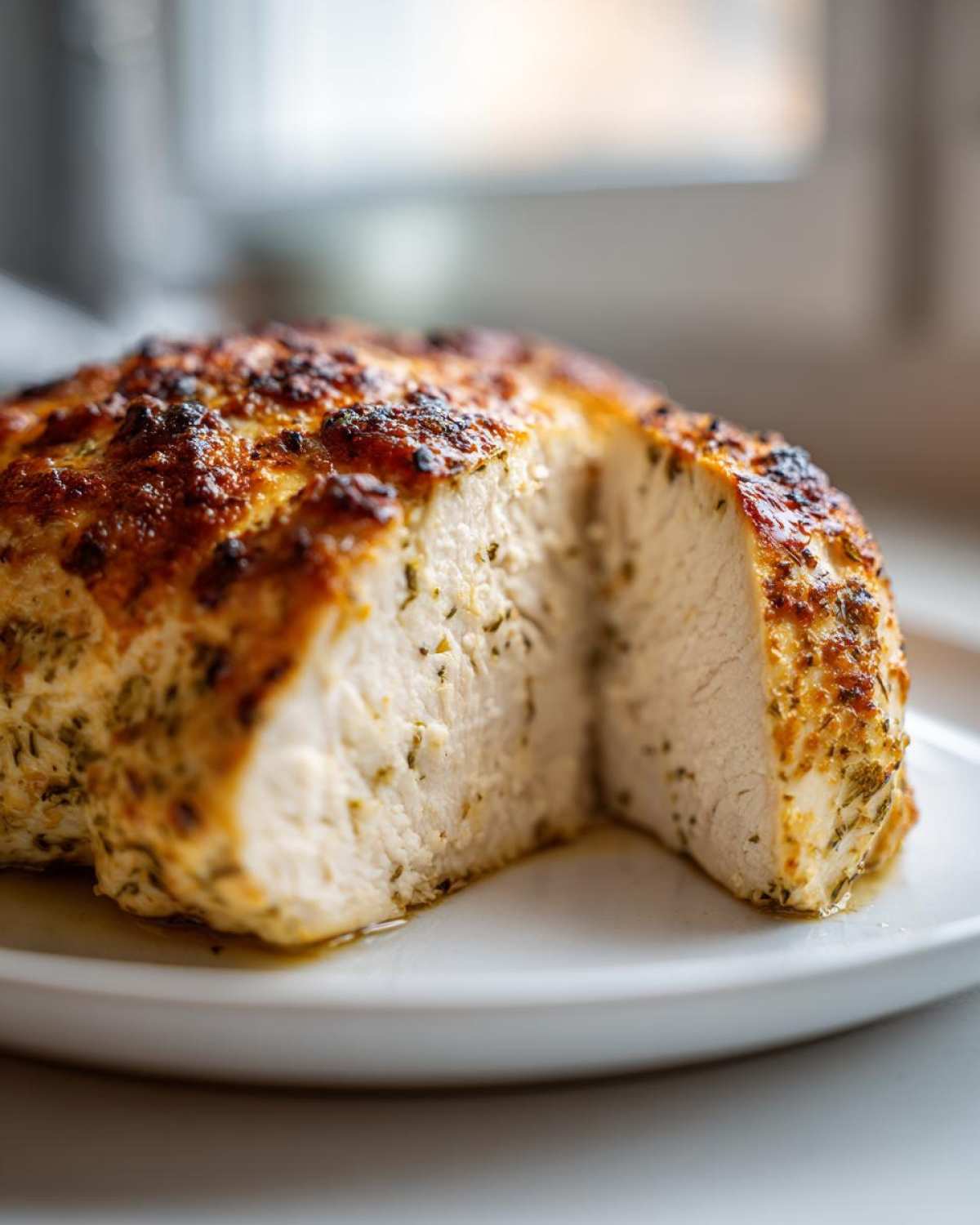 Close-up of juicy baked ranch chicken, showing a perfectly cooked white interior and a browned, herbed crust.