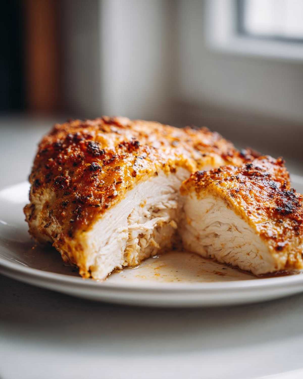 Close-up of a juicy baked ranch chicken breast, sliced open to show tender white meat and a seasoned, golden-brown crust.