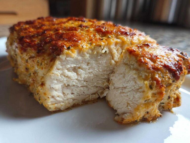 Close-up of juicy baked ranch chicken, showing the moist white interior and golden, herbed crust.