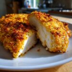 Close-up of juicy baked ranch chicken, cut open to show moist white meat and crispy golden coating.