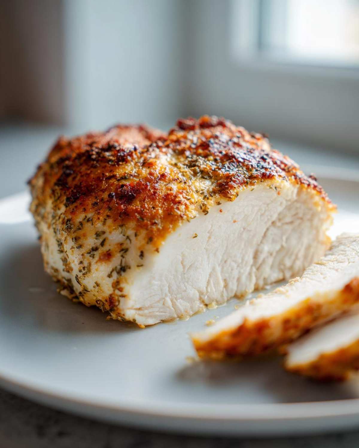 Close-up of juicy baked ranch chicken breast, showing the white interior and seasoned, golden-brown crust.