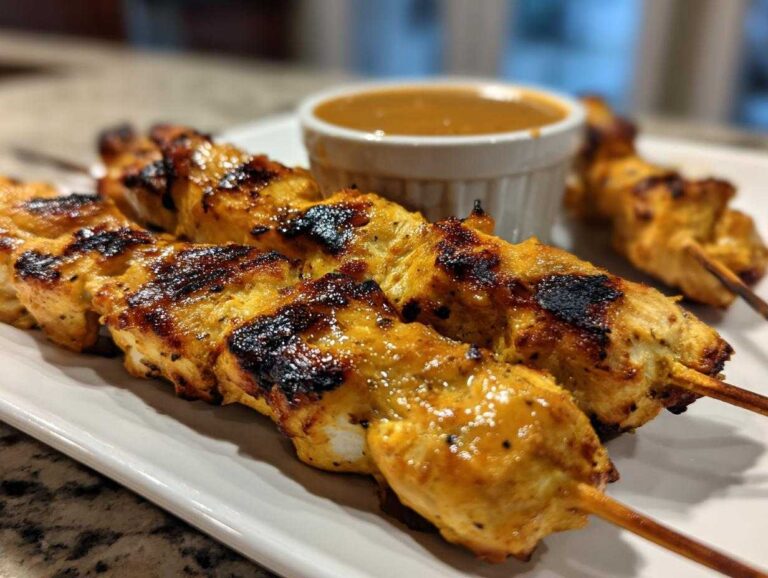 Close-up of perfectly grilled, golden-brown chicken satay skewers served with a side of peanut dipping sauce.