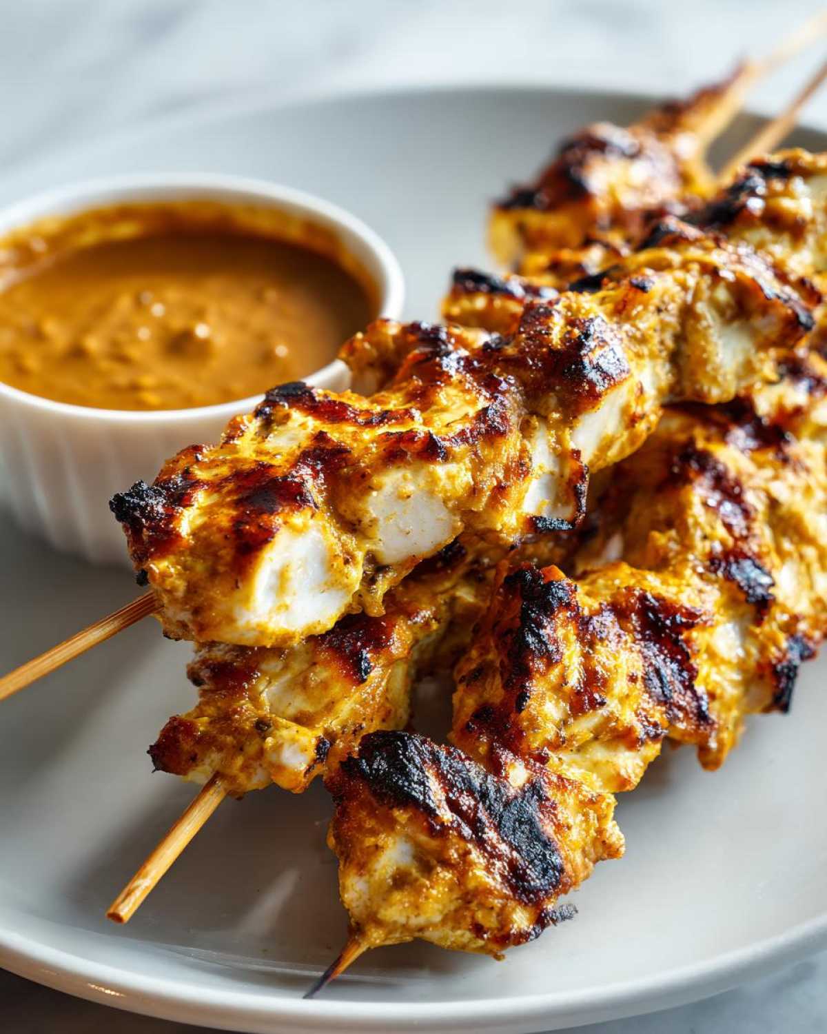 Close-up of several skewers of juicy, grilled chicken satay with charred edges, served next to a small bowl of peanut sauce.